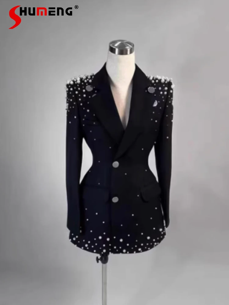 Female Small Fragrant Beaded Suit Jacket Women's 2024 Autumn New High-end Light Luxury Waist-tight Tailored Coat Women’s Clothes