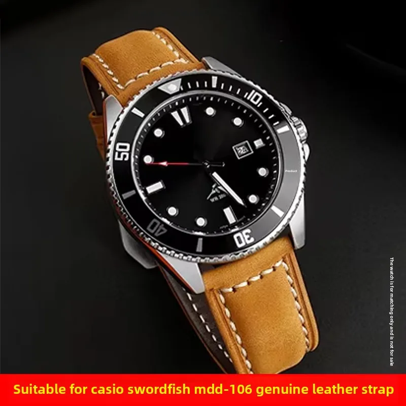 22mm Crazy Horse Leather Frosted Watch Band For Casio Swordfish mdv-106 Sea-Heart Water ghost watch series Bracelet Brown Khaki