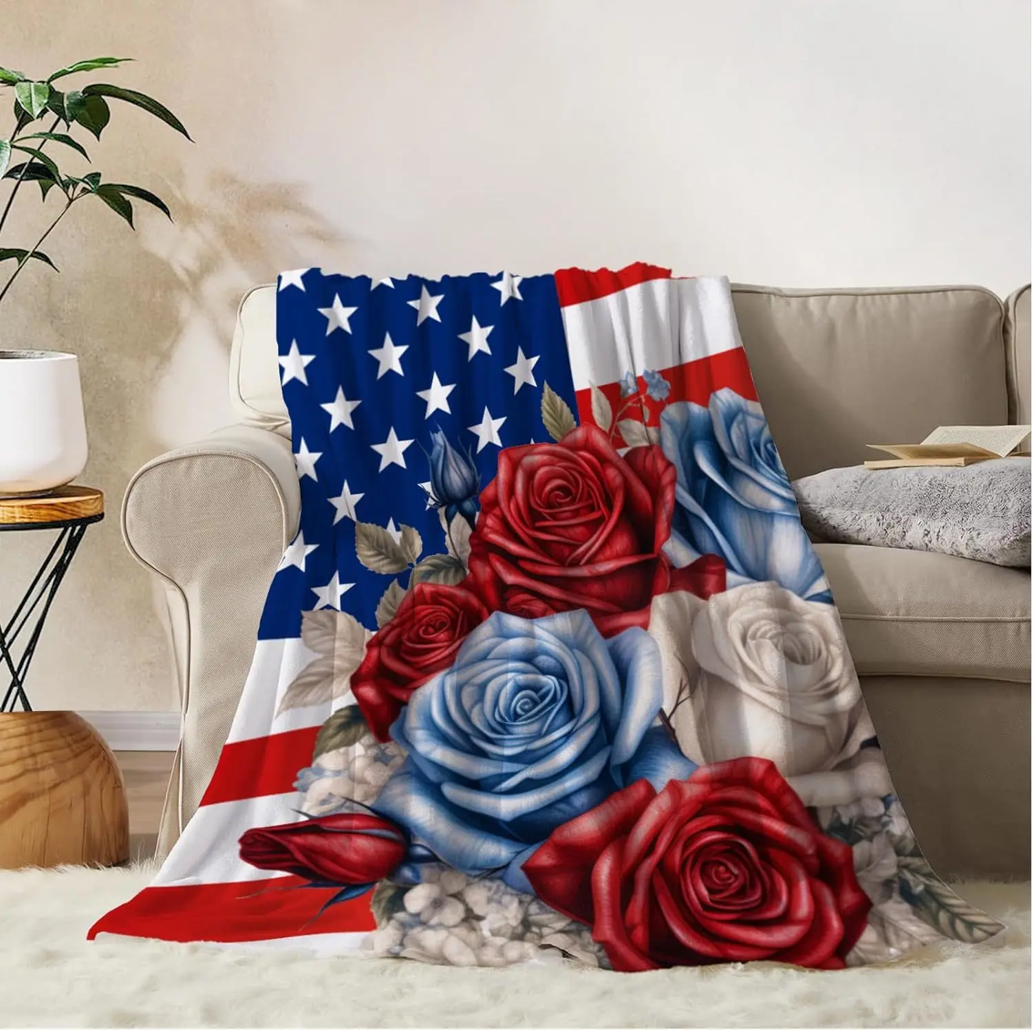 Patriotic blanket July 4th Memorial Day sofa bed blanket Soft flannel blanket Star Spangled flag Red white blue veteran blanket