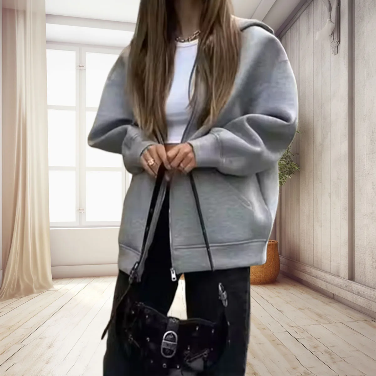 

Женская весенняя свободная куртка, серая повседневная верхняя одежда с капюшоном и длинными рукавами, большой карман на молнии