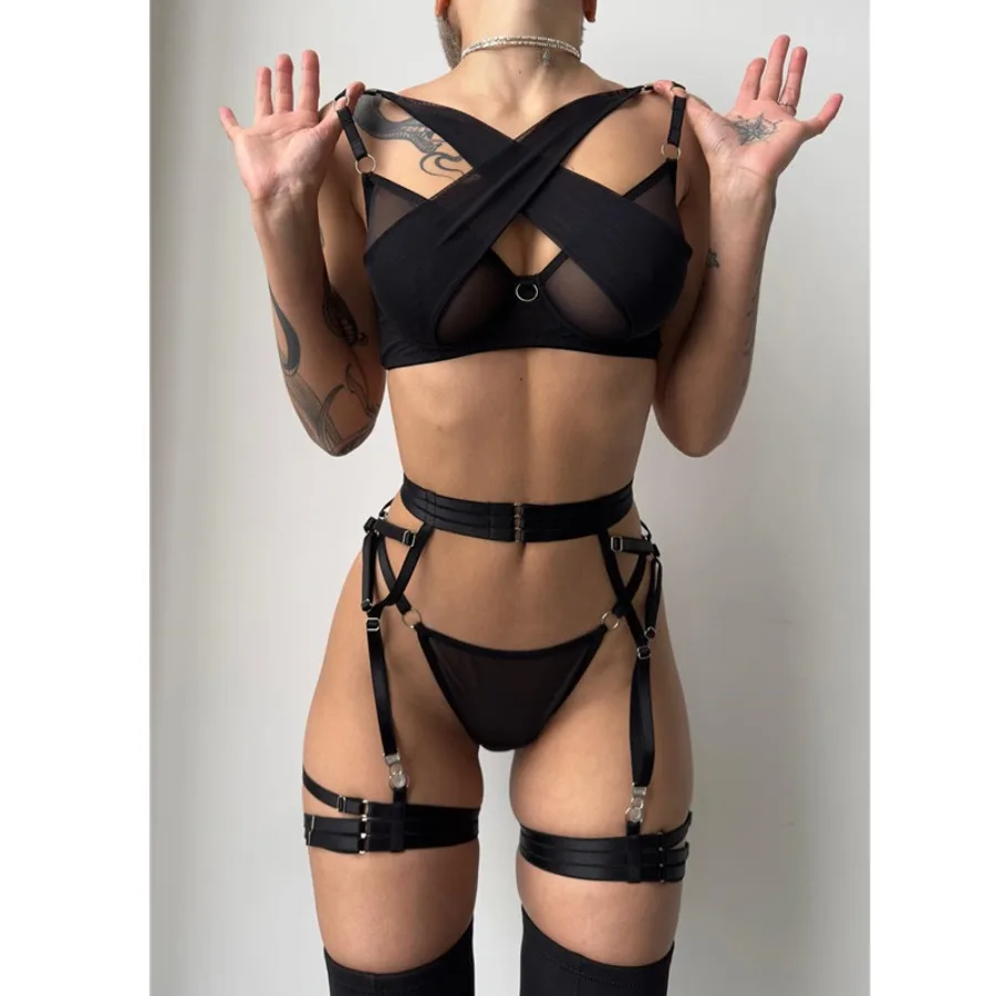 HOTDnika sexy bandage sexy underwear three-piece heavy craft gathering bra set independent stand hot