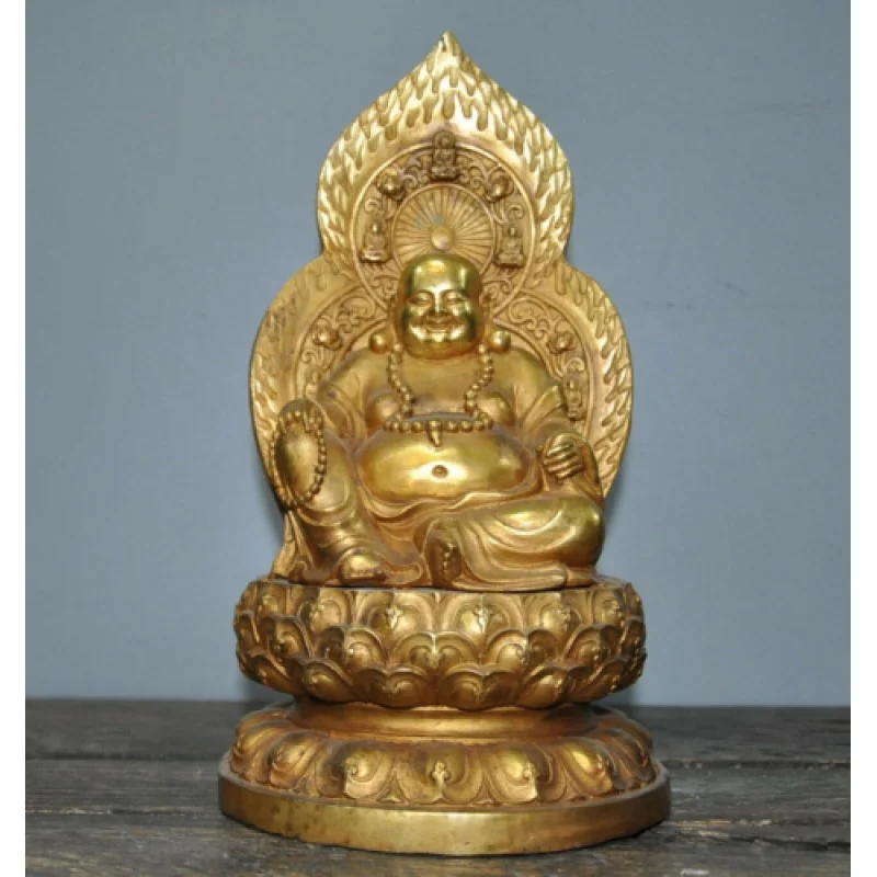 

8'' China Buddhism bronze Gilt Happy laughter Maitreya Buddha Hold Beads Statue