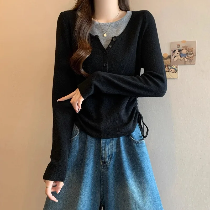

Женская хлопковая футболка из двух предметов с длинным рукавом в корейском стиле, повседневный топ с завязками, осенне-зимняя многослойная рубашка для повседневной носки ​
