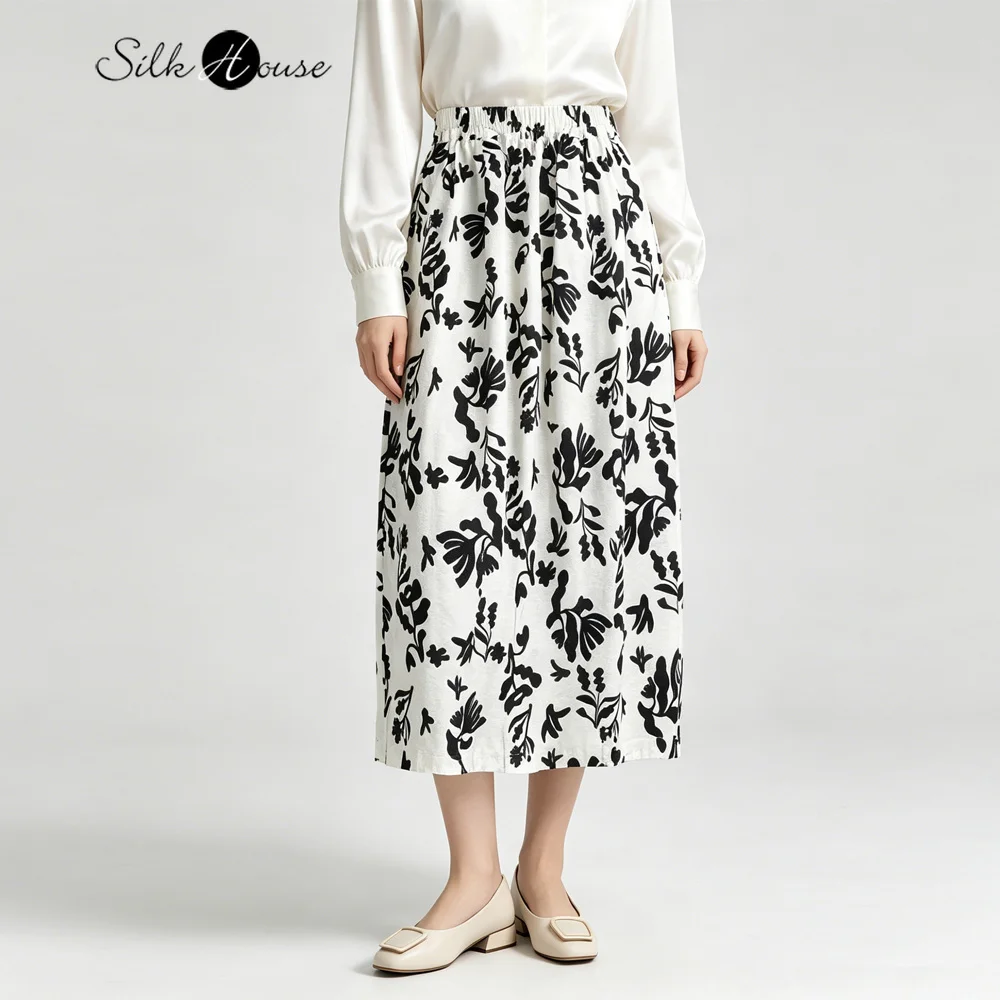 Atmospheric Abstract Black/White Printed Cocoon Type 76% Natural Mulberry Silk Dry Silk Women's Summer Leisure Flower Bud Skirt