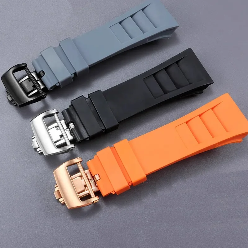 25mm Watchbands For Richard Mille Rm011 Convex Interface Replace Original Rubber Silicone Fold Buckle Watch Strap Bracelet