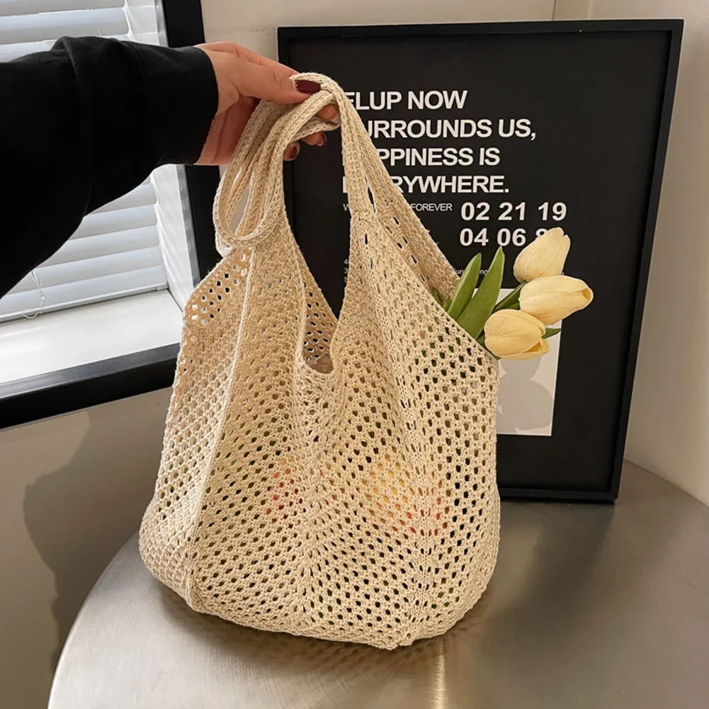 Fashion Women's Hollow Woven Shoulder Bags Large Capacity Knitting Underarm Bag Solid Crochet Tote Handbag Summer Mesh Beach Bag