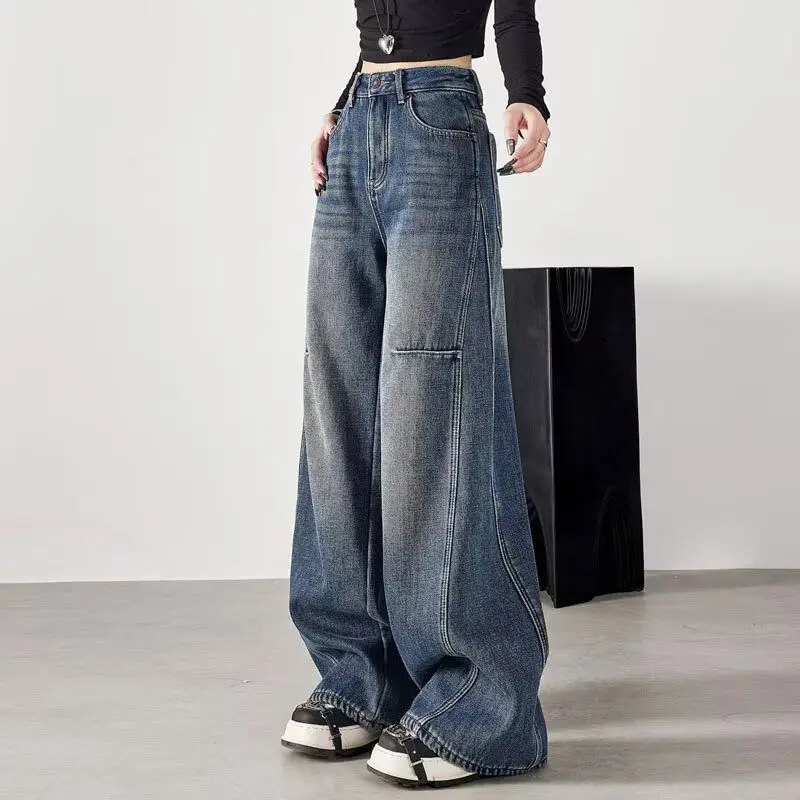 

American Sle Retro Wide Leg Jeans Women's Spring Autumn plus Size Design High Waist Loose Casual Floor Length Straight Pants