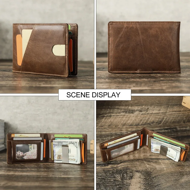 Head Layer Cowhide Theft Brush Multi Functional Clip Credit Genuine Leather Anti Magnetic Bag Card Cover Coin Holder Men Wallets