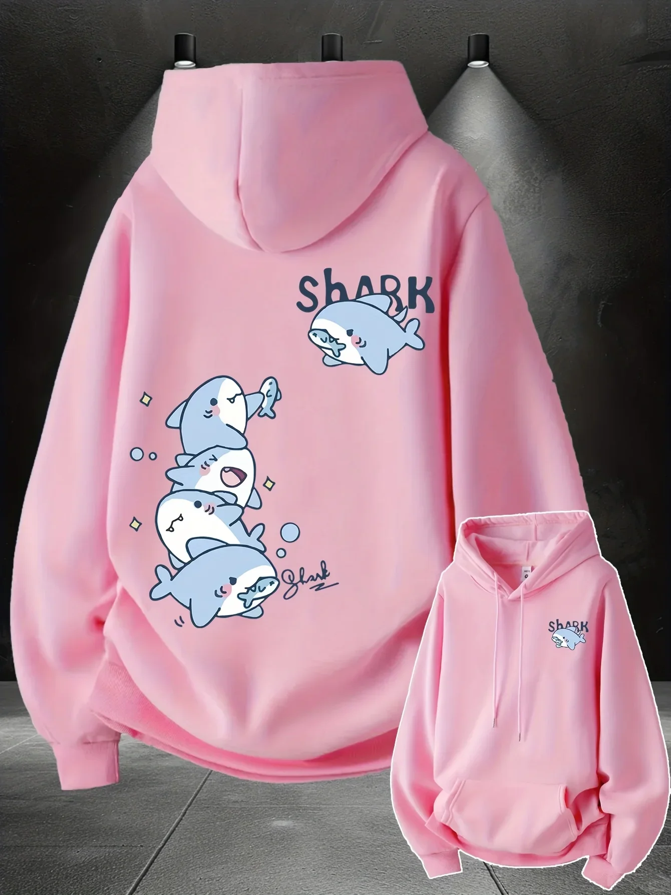 Unisex Hai-Hoodie mit niedlichem Cartoon-Hai-Druck auf der Rückseite, Oversized Pullover Sweatshirt, koreanische Y2K Streetwear – Detail 2