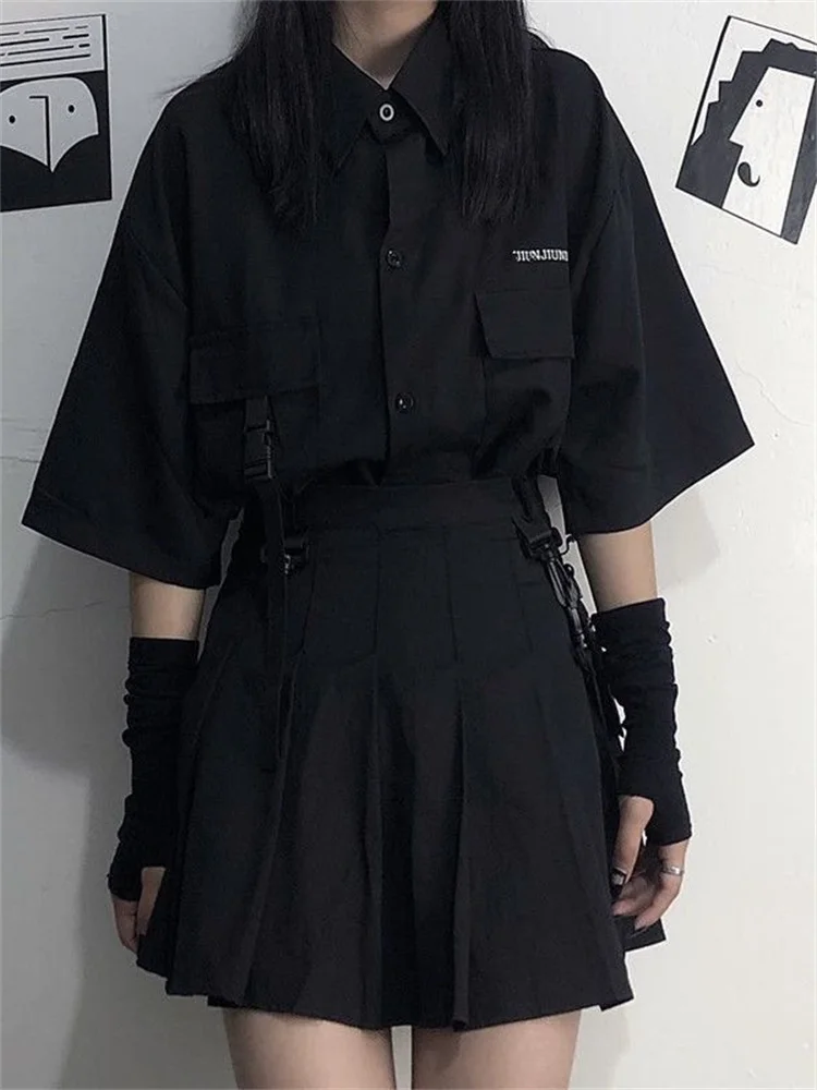 2024 New Vintage Shirt Set Skirt Women Harajuku Y2K Grunge Techwear Skirt BF Top Aesthetic Jupe Femme Mall Gothic Two Piece Sets