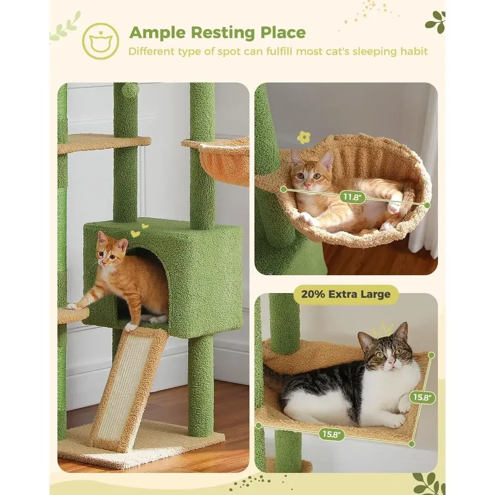 Adjustable Tall Cat Tree Tower with Condo, Hammock, and Scratching Post for Large Cats, Green, 230-252cm