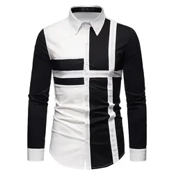 Men's shirt casual patchwork soft comfortable slim fit lapel button black white men's plus size