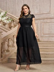 Plus Size 2024 Elegancka długa sukienka damska z wysokim stanem i okrągłym dekoltem Suknia ślubna Robe Vintage Spliced Lace Chiffon Dress