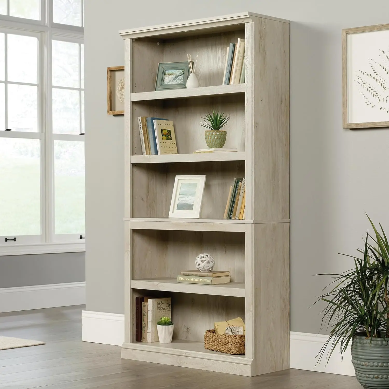 5 Tier Book Shelf Wooden Bookcase Multipurpose Bookshelf For Home Office, Living Room, In Chalked Chestnut