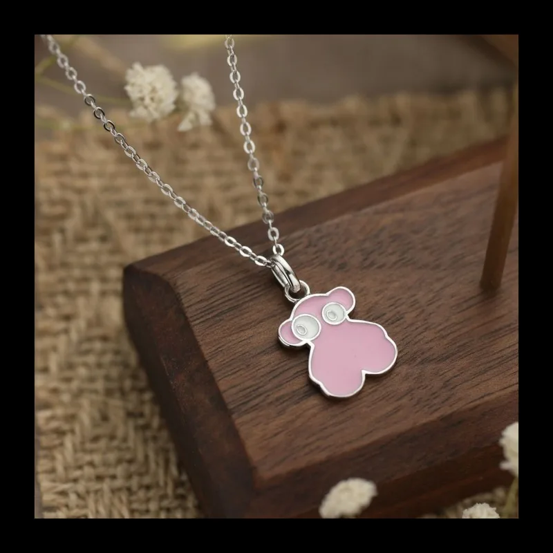 

S925 sterling silver cute pink bear necklace girl Epoxy light luxury simple pendant