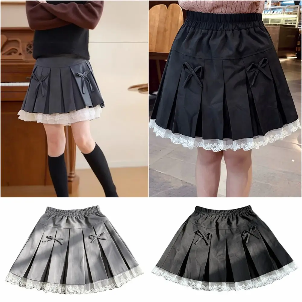 Bowknot Girl Pleated Skirt Pleated Design Lacw Edge Pleated Skirt Clothes Uniform Style Preppy Style Kids Uniform Skirt