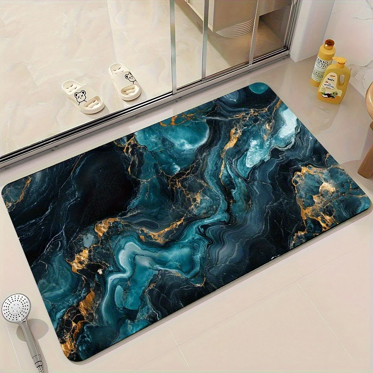 1pc Marble Design Anti-Slip Mat - Black, Gold, Turquoise Abstract Pattern - For Bathroom, Bedroom - Machine Washable