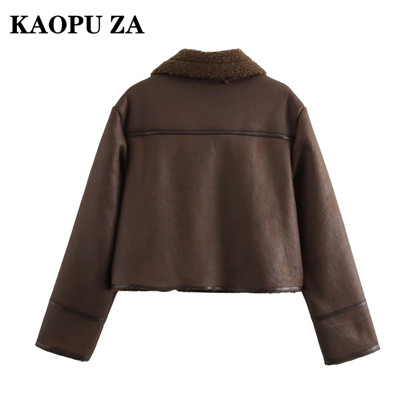 KAOPU ZA Winter Female Vintage Long Sleeve Fleece Jacket Casual Autumn Woman's Turn-down Collar Coat Keep warm Leather Jacket