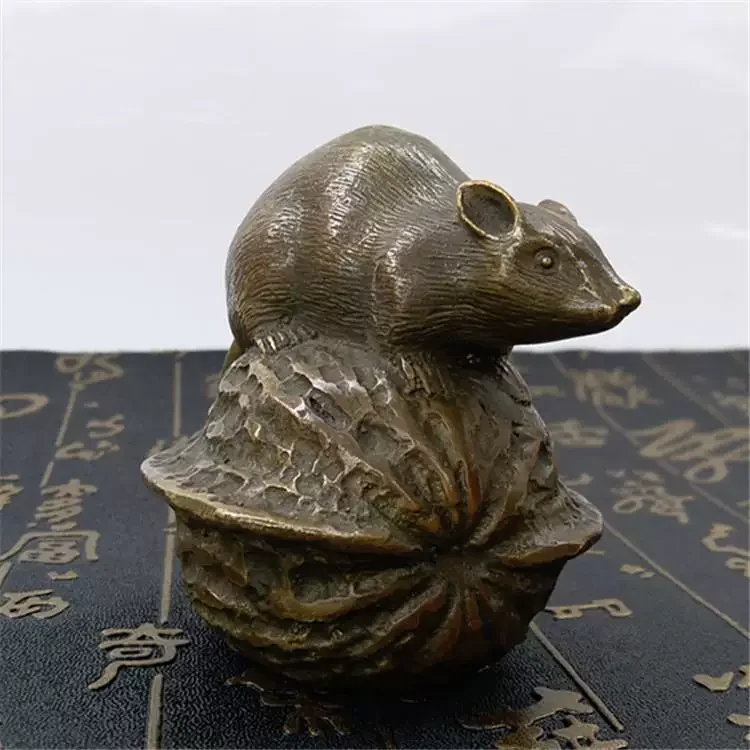 Lovely Old Bronze Hand Carved Mouse Walnut Eat Enough Collect Statue Decoration
