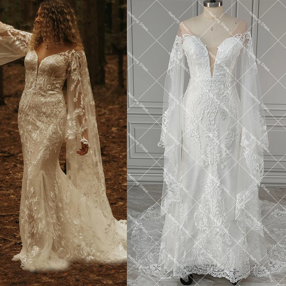 Trumpet Long Flare Sleeves Floral Lace Wedding Gowns Illusion Tulle Real Pictures Sweetheart Cutouts Customized Bridal Dress