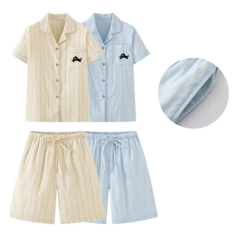 

Summer Women Casual Striped Pajama Sets 100% Cotton Sleepwear Suit Women's Short Sleeve Turn-down Shirt & Shorts Loungewear Suit