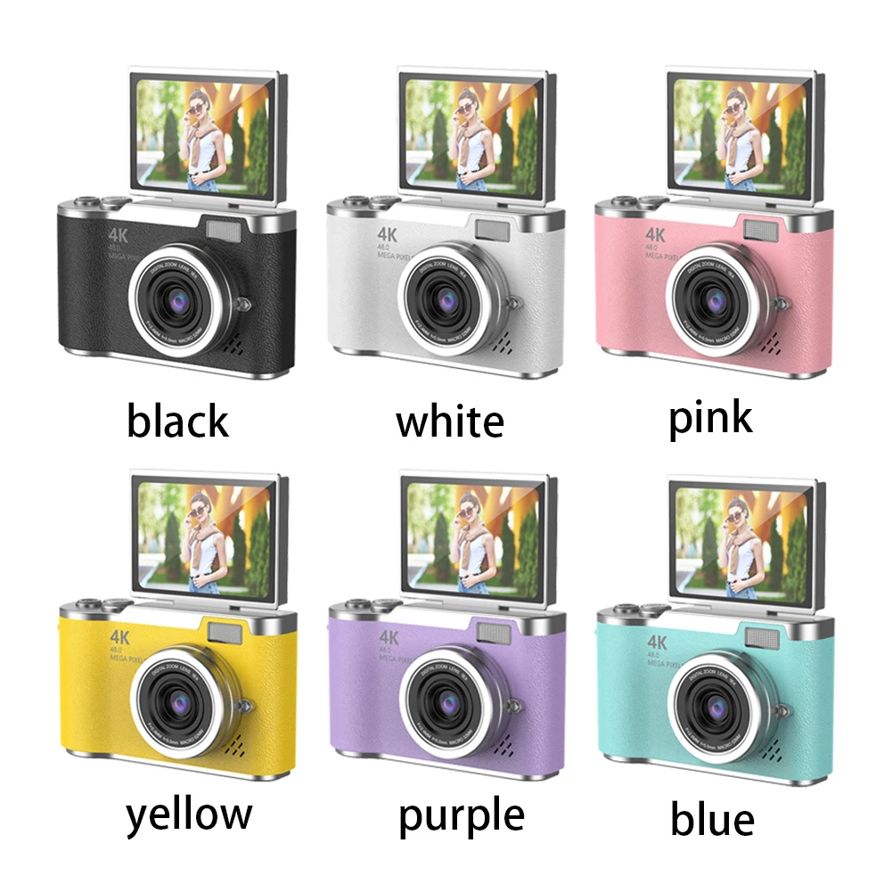 4K 디지털 카메라 48MP 휴대용 CCD 카메라 8배 줌 비디오 캠코더 180도 회전 화면 비디오 레코더 (청소년, 성인, 초보자용)