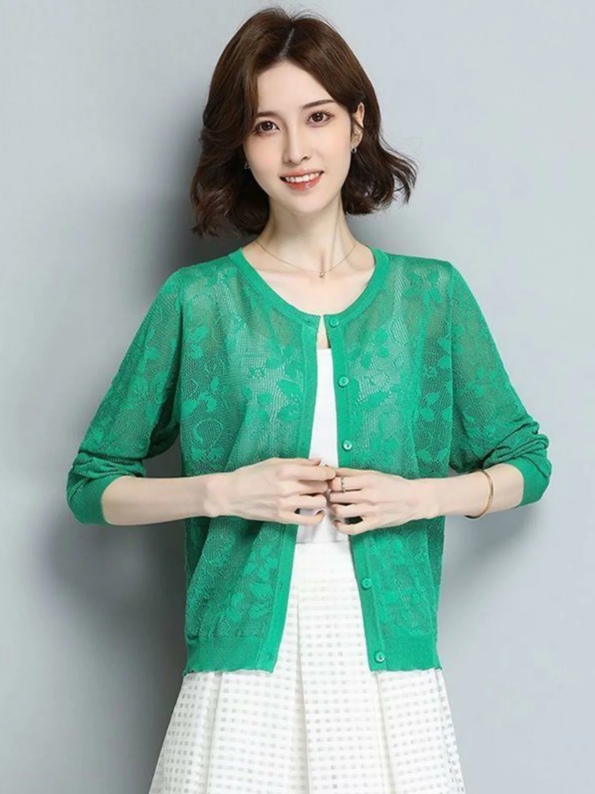 아이스 실크 니트 오픈 가디건 여성용 얇은 또는 속이 비치는 아우터웨어 긴 소매 에어컨용 봄 여름 라운드...