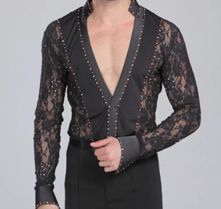 Mannen Latin Dance Kanten Kledingstuk Dans Wals Ballroom Dans Kledingstuk Prestaties Latin Man Shirts Kledingstuk Tops