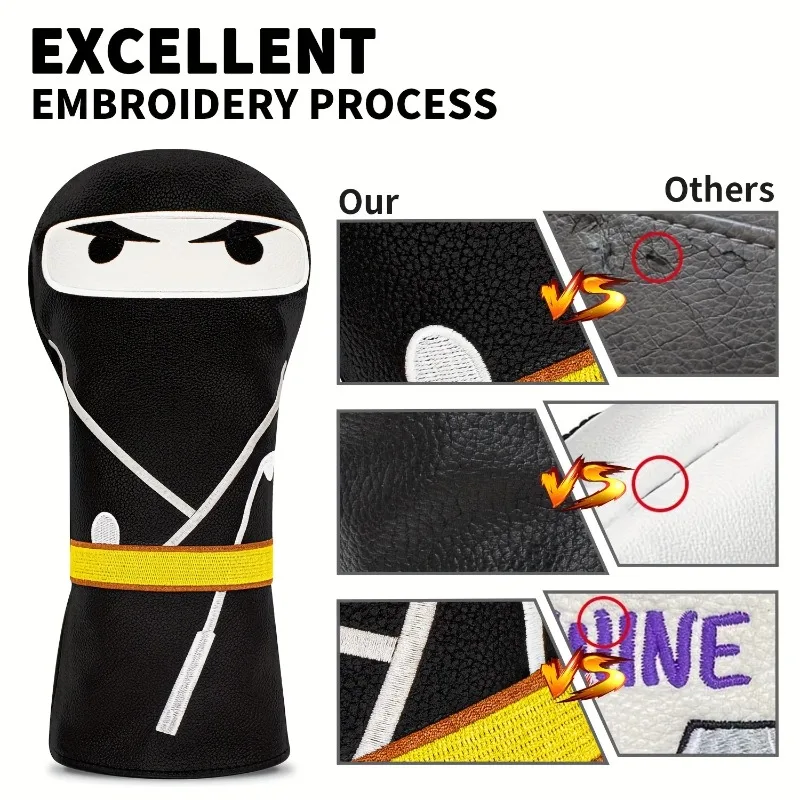 ปลอกหุ้มหัวไม้กอล์ฟลายซามูไรสีดำ - ปลอกหุ้มป้องกันที่ทนทาน สำหรับไม้กอล์ฟเบอร์ 1/3/5