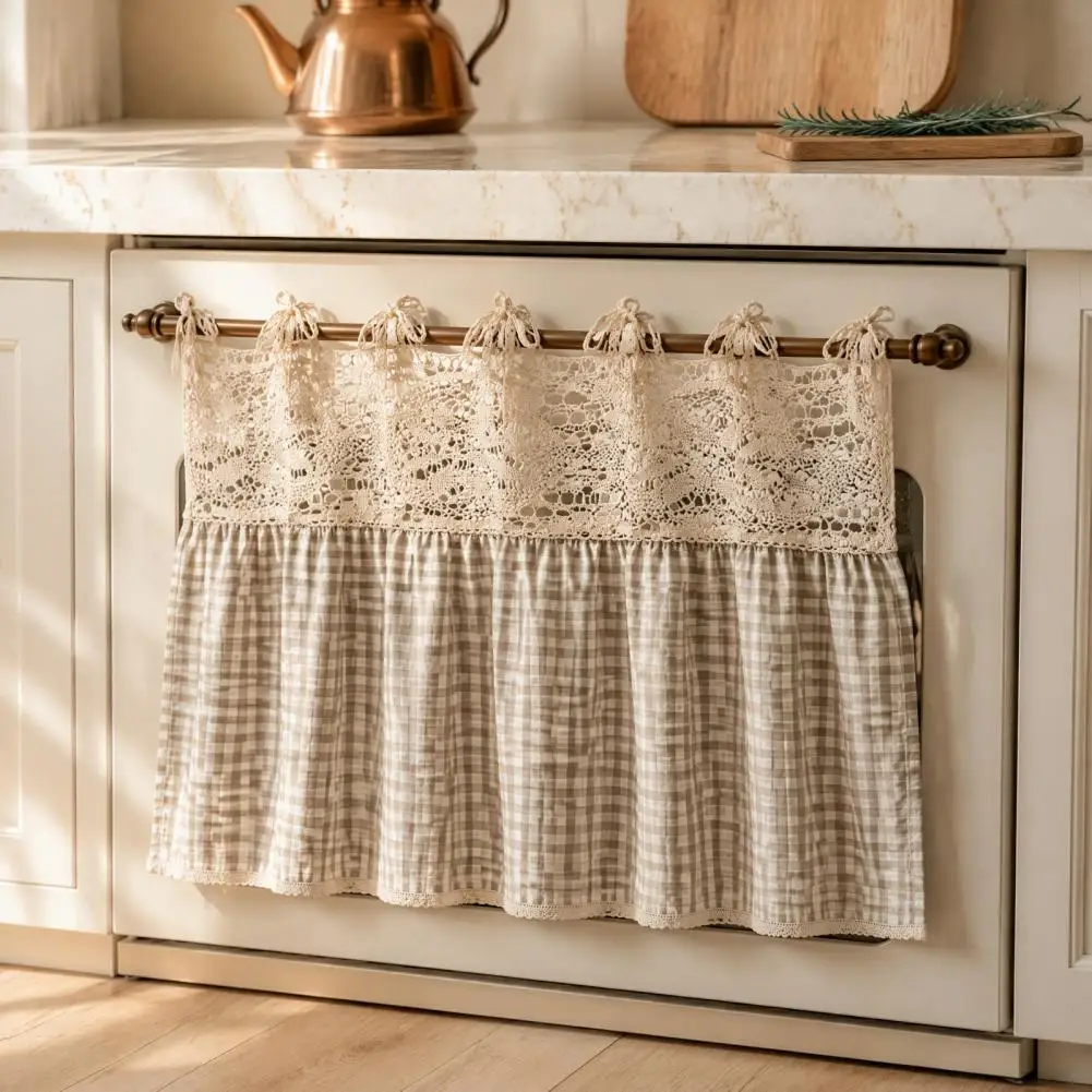 Kitchen Appliance Handle Shield Kitchen Oven Handle Cover Farmhouse Stove Skirt with Plaid Crochet Lace Cotton Blend Oven
