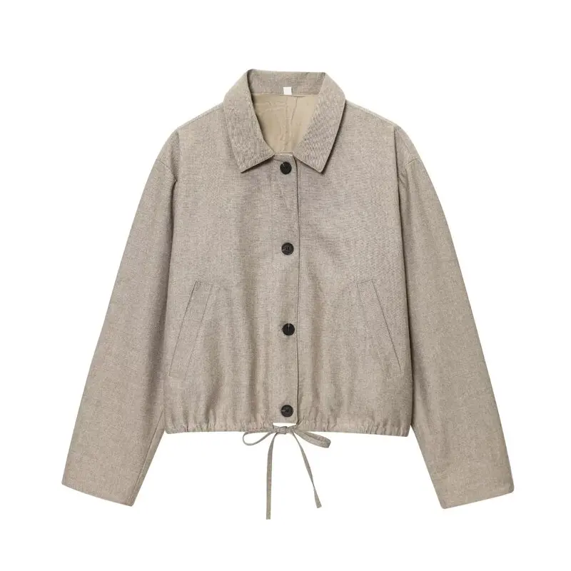 Women's Jacket 2026 Long-Sleeve Pleated Drawstring Decorative Cotton Linen Loose Shorts Jacket Casual Versatile outerwears