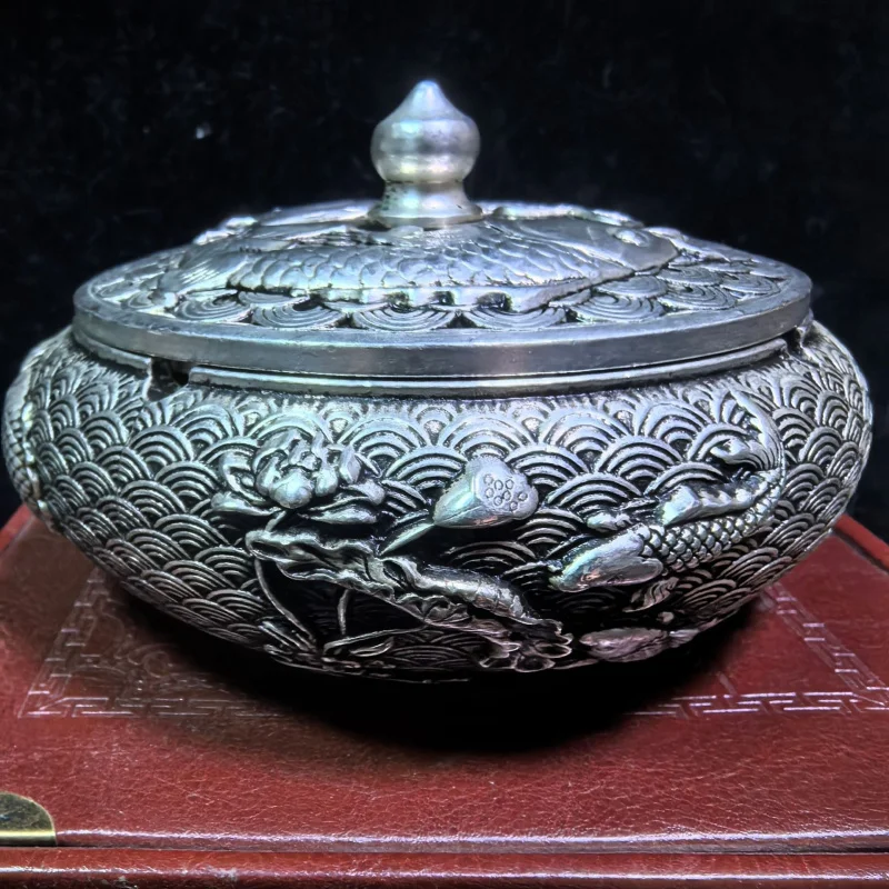 

Пепельница в антикварном стиле с ручной резьбой, двойная, с символом «Фу», из натуральной меди с серебряным покрытием, винтажная, для кофейного столика