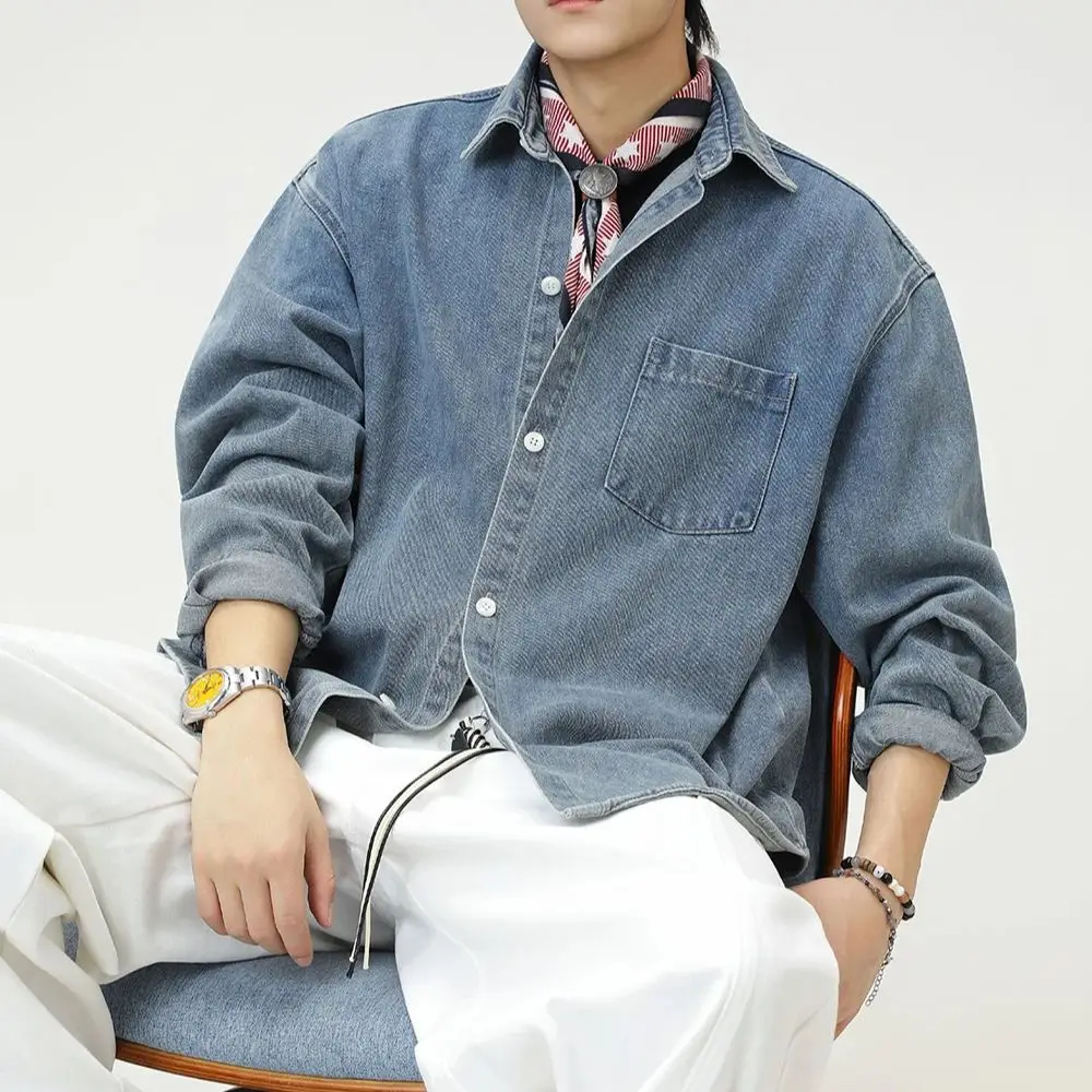 

Винтажная джинсовая рубашка, мужская ранняя осень, новая свободная повседневная стираная куртка с длинными рукавами, модные топы высокого качества в японском стиле