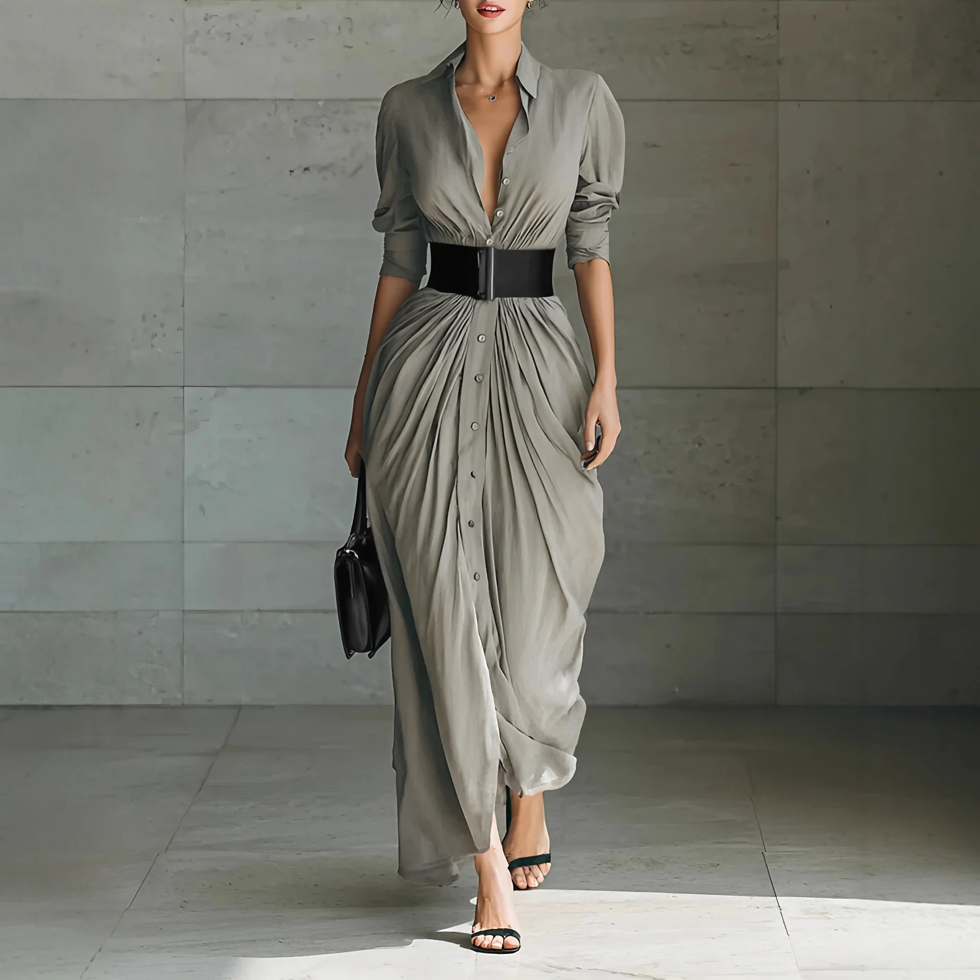 فستان قميص ذو طية صدر السترة على الموضة الأوروبية والأمريكية الجديدة للربيع والخريف بما في ذلك الحزام #4