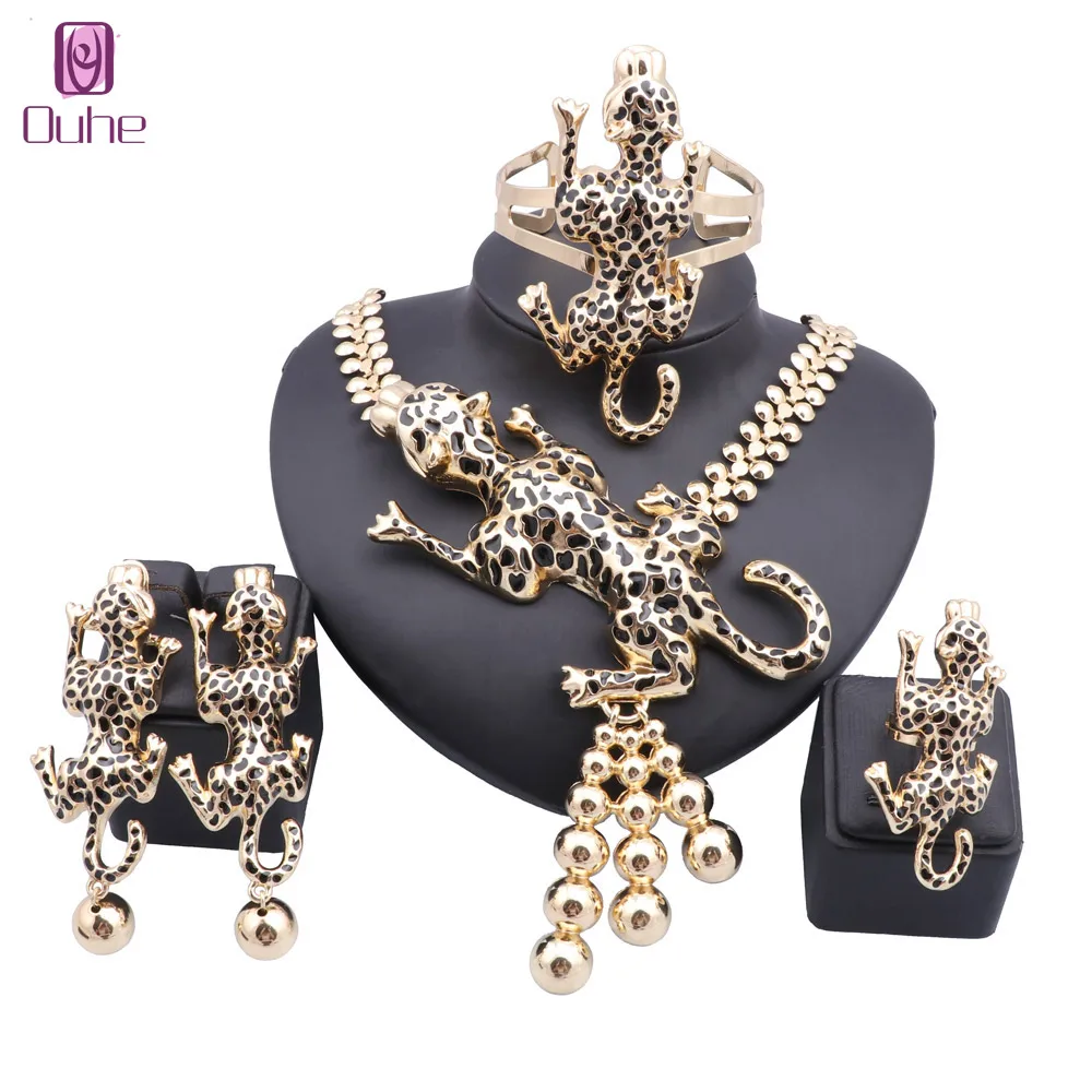 Dubai Gold Color Enameled Leopard Jewelry Set Luxury Nigerian Woman Wedding Costume Design Necklace Earring Ring