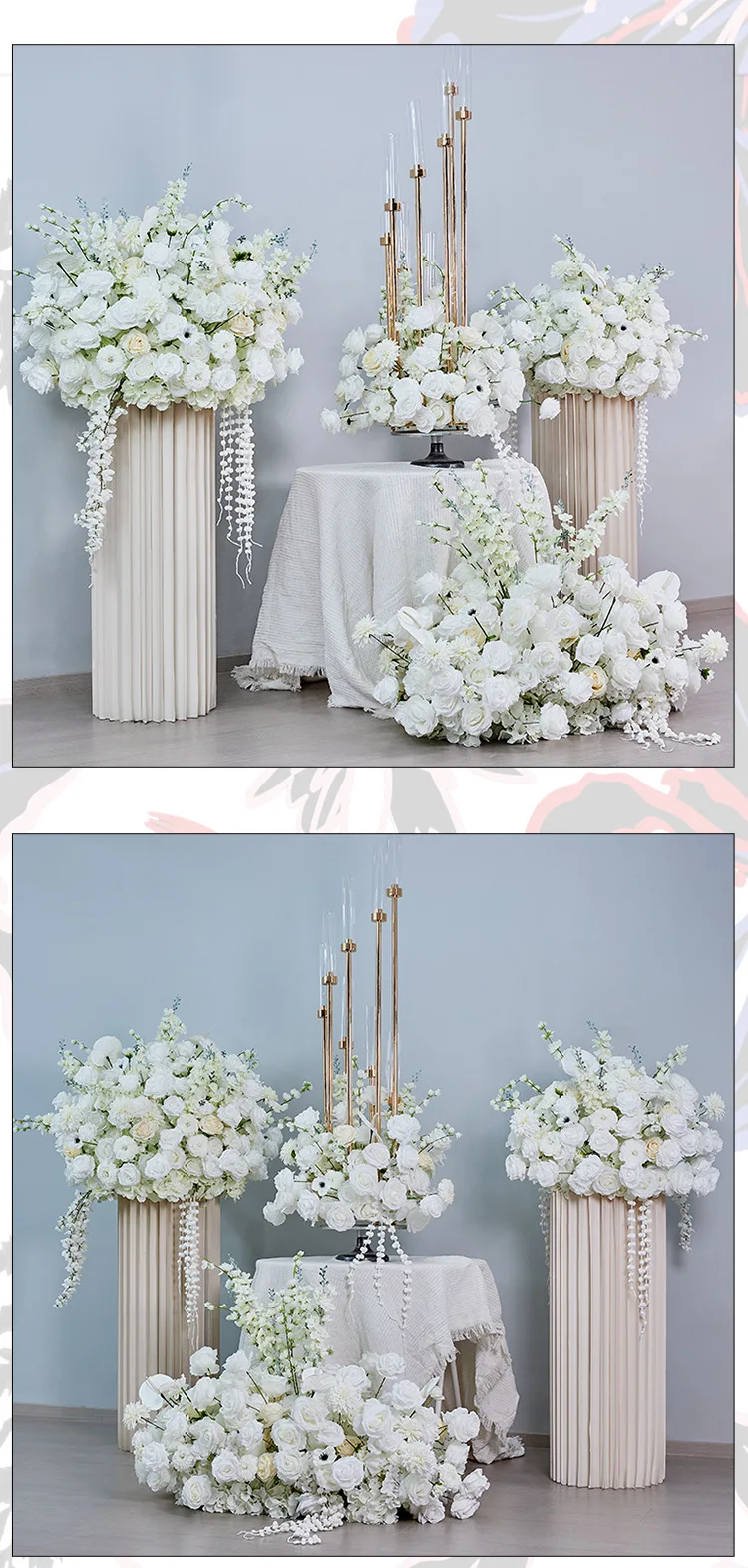 Künstliche Blumenreihe, Maiglöckchen, Rose, künstliche Blumenarrangements, Hochzeits-Hintergrund, Gang, Fotokabine, Party, Event-Dekoration – Detail 10