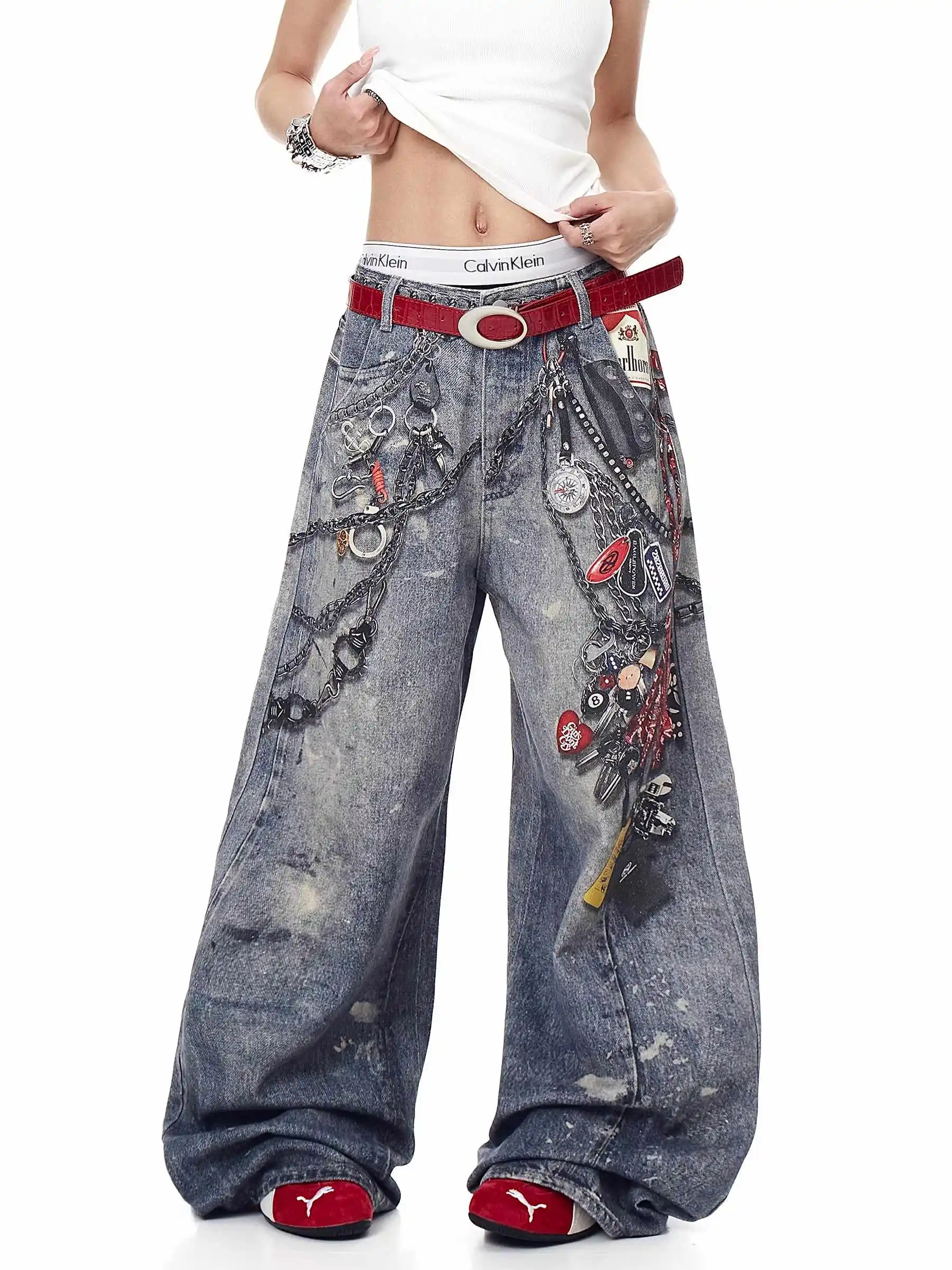 Women's Y2k Baggy Graffiti Print Jeans Harajuku Vintage Denim Trousers Japanese 2000s Style Oversize Hip Hop Jeans Pants Clothes