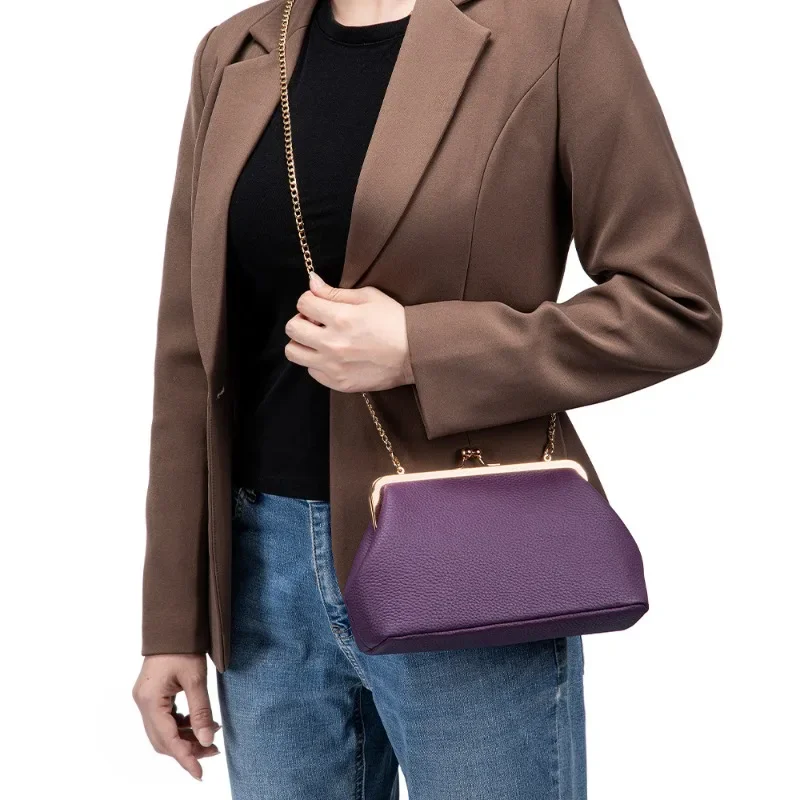 Women Genuine Leather Frame Handbag Brand Kiss Lock Closure Purse Detachable Metal Chain Strap Crossbody Bag for Party Wedding