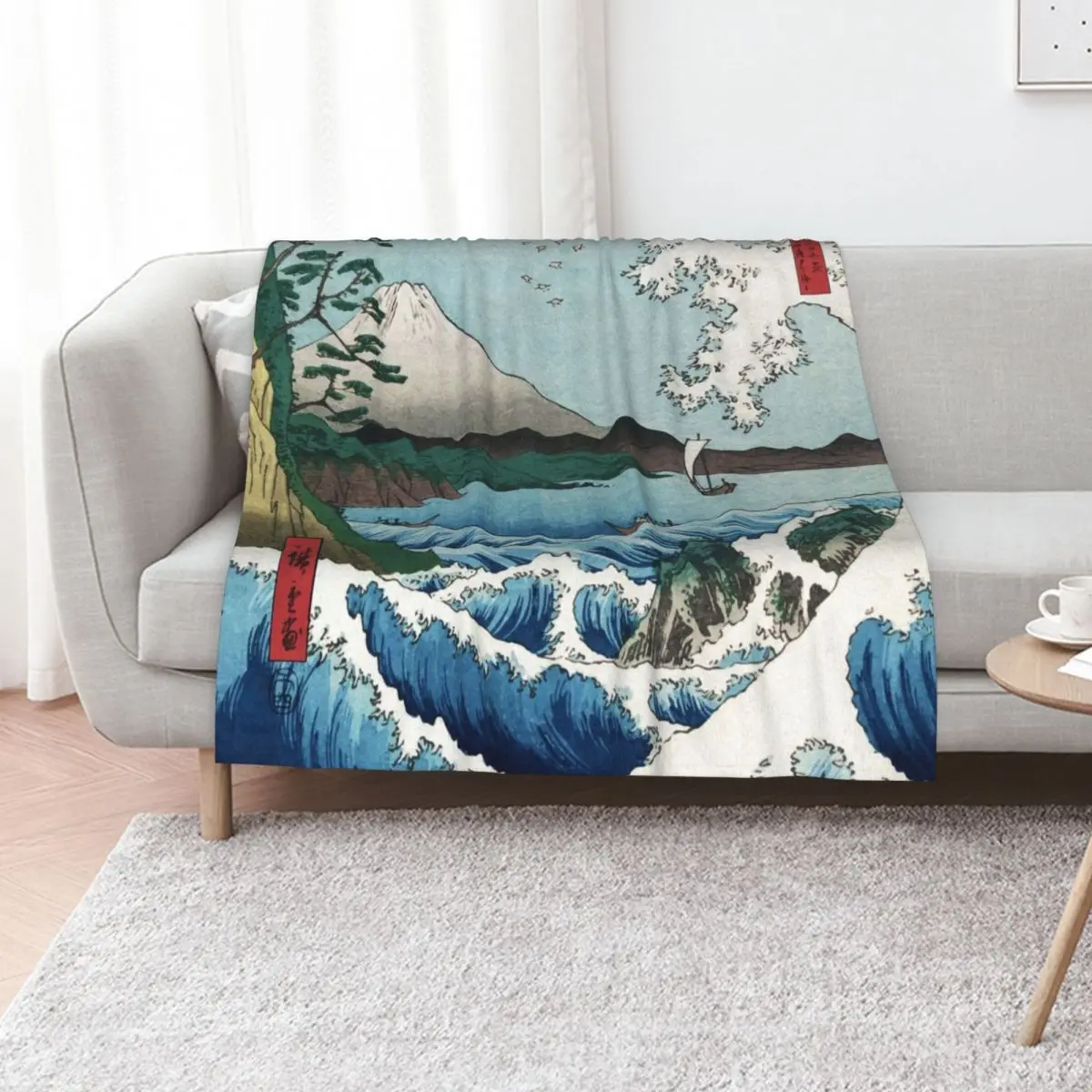 Hiroshige the Sea off Satta Japan with volcano, crashing waves and fishermen by Japanese ukiyo-e artist nature vin Throw Blanket