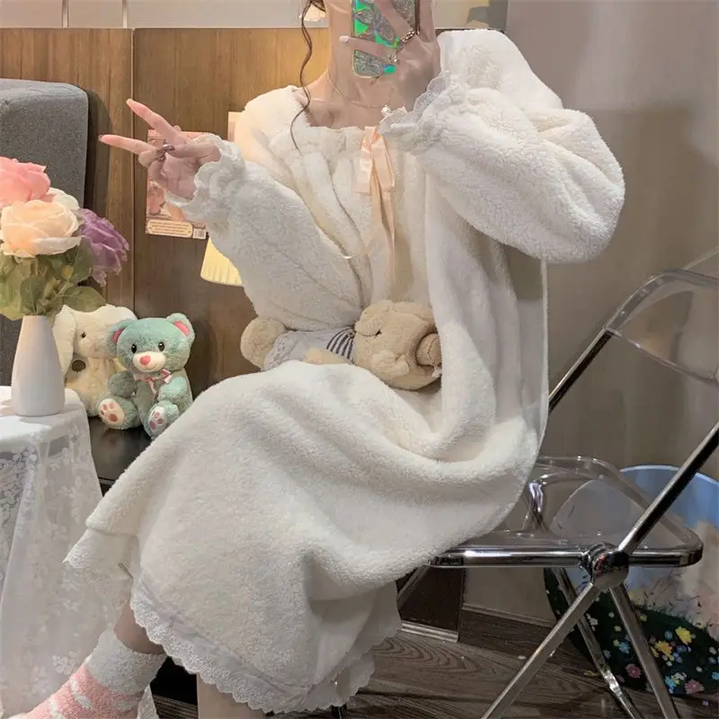 Lace Fleece Women Nightgown Bow Sleepwear Long Sleeves Nightwear Autumn Winter Night Dress New in One Piece Home Warm Pajamas