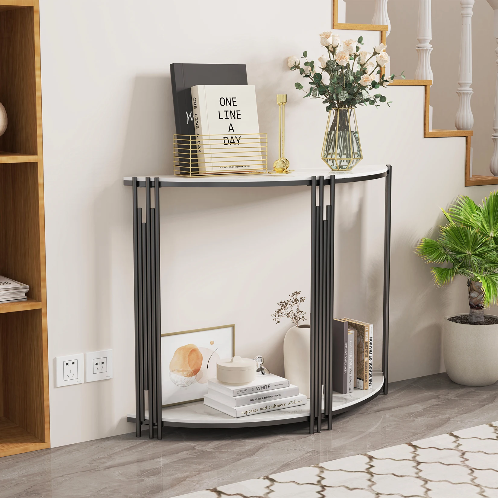 Half Moon Foyer Console Table with Open Shelf, White Marble Top, Black Metal Frame, Couch Narrow Entryway Table