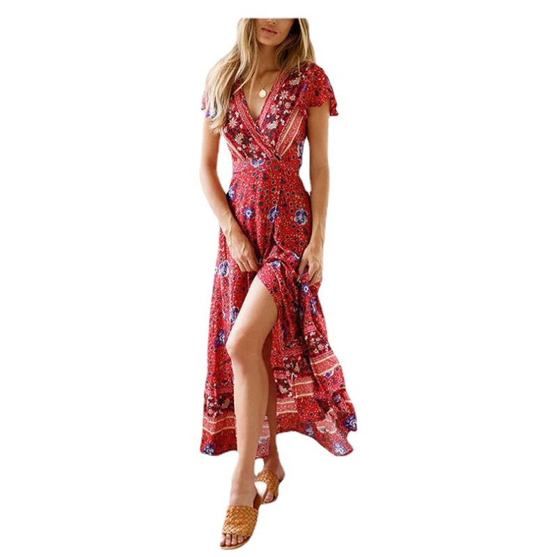 Robe Maxi à Manches Courtes et Col en V pour Femme, Tenue de Plage Décontractée, Sexy, Amincissante, Couleur Unie, Été