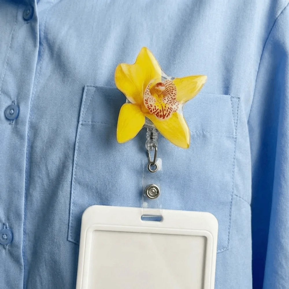 Acrylic Resin Holder Clip Durable Retractable Design ID Badge Reel Orchid Flower Shape Retractable Badge Holder Chest Card