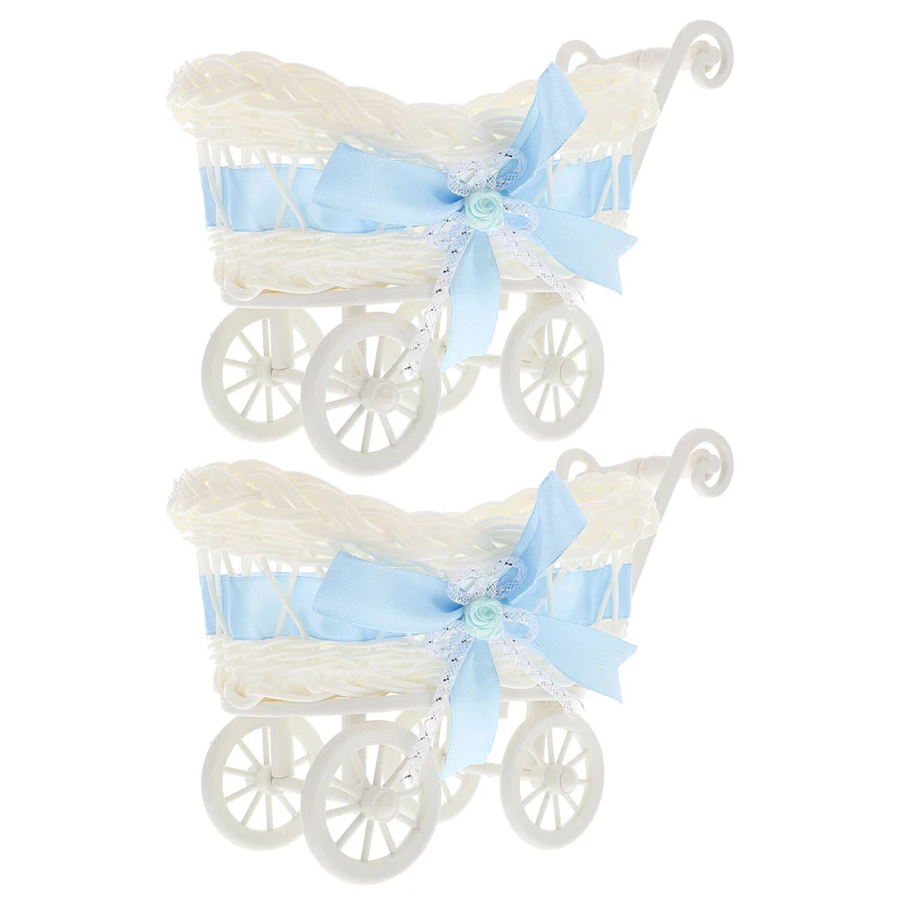 

2 Pcs Baby Toy Imitation Rattan Stroller Ornaments Wedding Decoration Clothing Shower Gift Basket Sky-blue