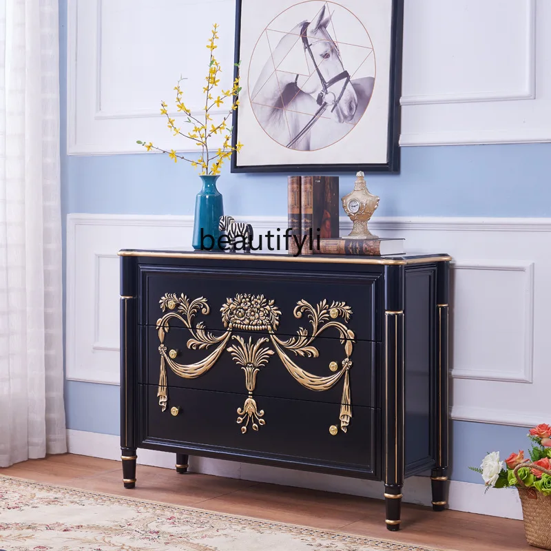 

Entrance, carved three-bucket cabinet living room decoration, locker golden emerald