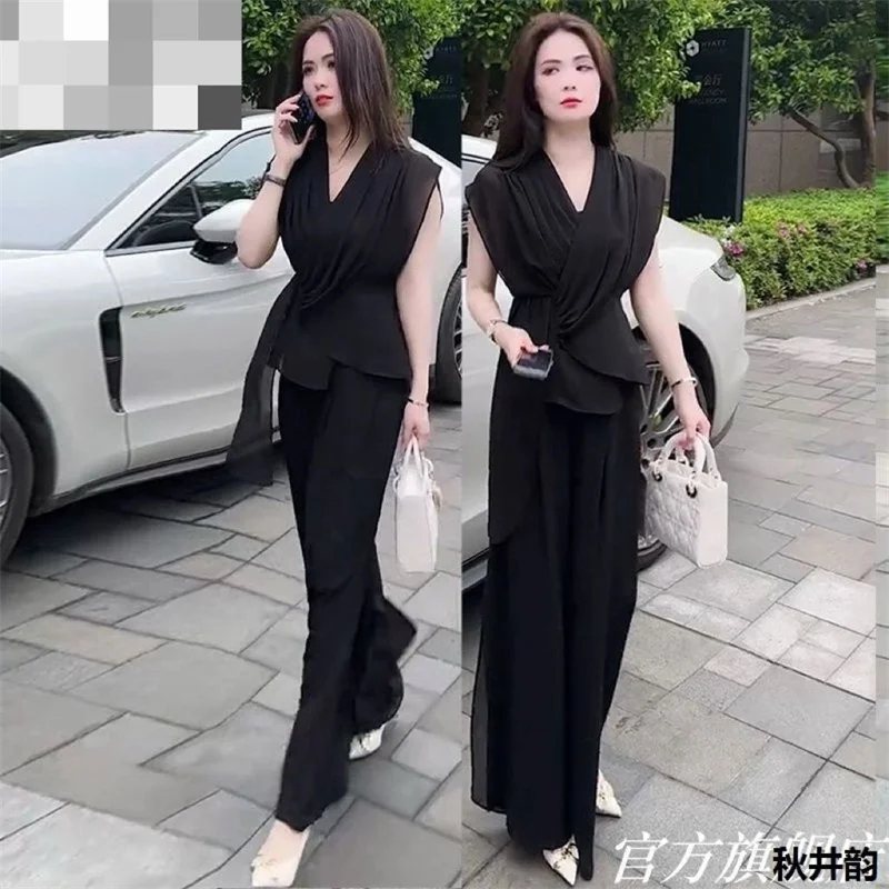 Fashionable Age Reducing Chiffon Casual Suit For Women In Summer 2025 New Sleeveless Top Casual Pants For Slimming Complete Set