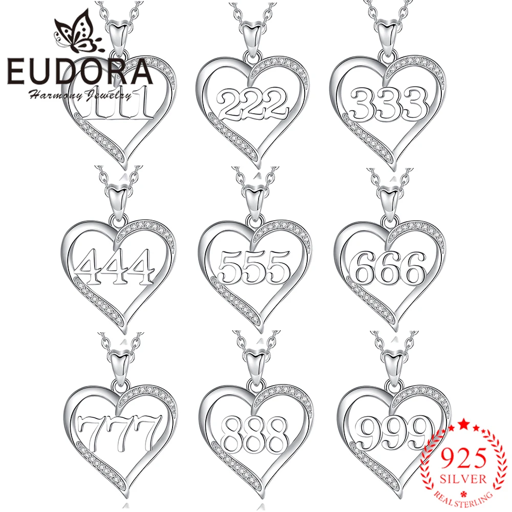 Eudora 925 Sterling Silver Lucky Number Necklace 111-999 AAA Zircon Heart Pendant Fine Fashion Woman Man Jewelry Birthday Gift