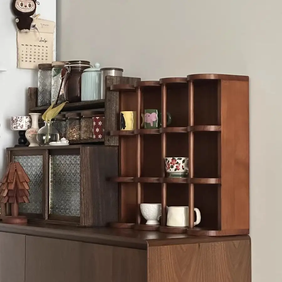 Teacup mug medium   storage antique feng water  coffee  display rack French shelf solid wood cup holder shelf