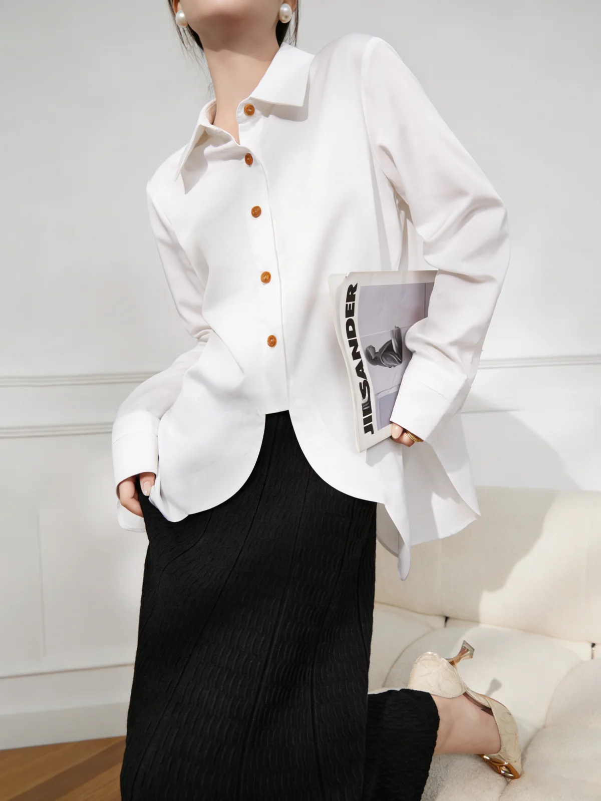 

Lulu Korean Style Commute White Shirt Women's Design Slim Long Sleeve Top Vintage Loose Fit Pear Shape Thinming Fashion