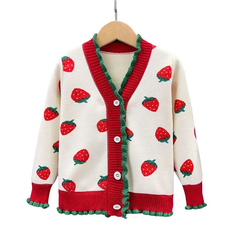 

Girls' V-neck Cardigan, Cute Strawberry Sweater with Fleece for Autumn/ Winter, Sizes 90-140